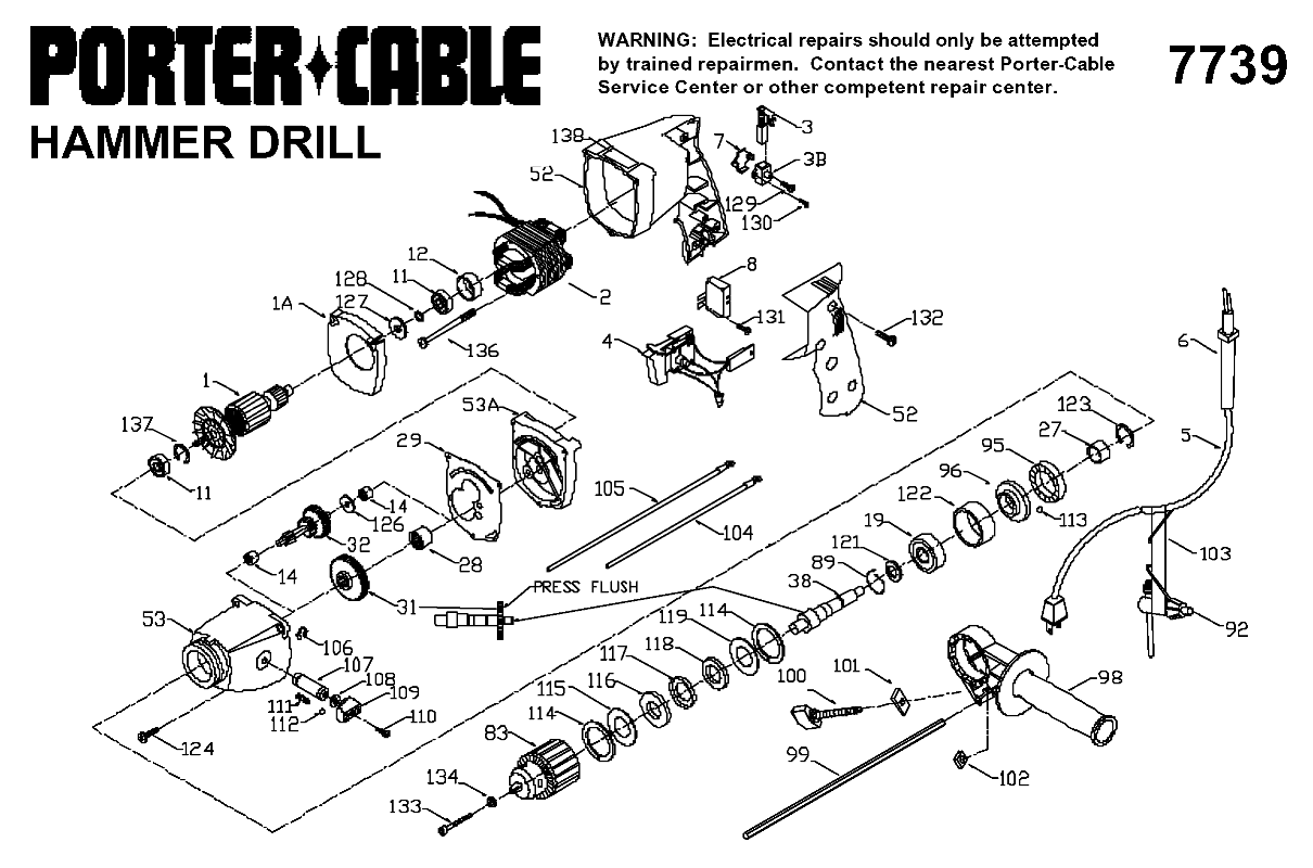 Default Diagram and Parts List for J-7739 Type 1 Porter Cable Hammer Drill